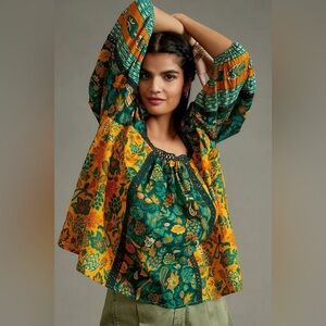 New Farm Rio x Anthropologie Lace Inset Peasant Blouse Shirt Top sz S